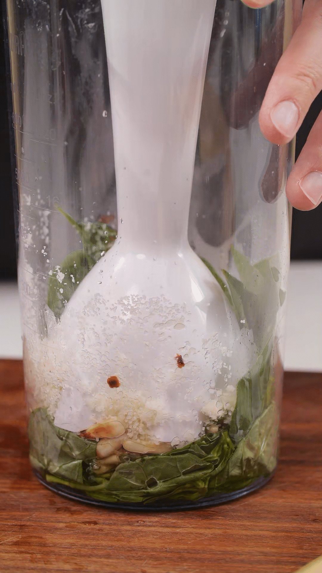 青醬制作：將羅勒去梗，只保留葉片，放入料理機
