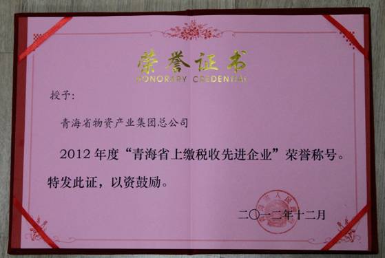 集團(tuán)榮獲2012年度&ldquo;青海省上繳稅收先進(jìn)企業(yè)&rdquo;榮譽(yù)稱號
